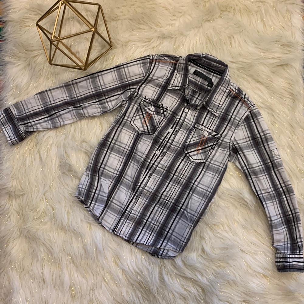 Smash Black, White, & Orange Plaid Button Up Long Sleeve Shirt Boys 6